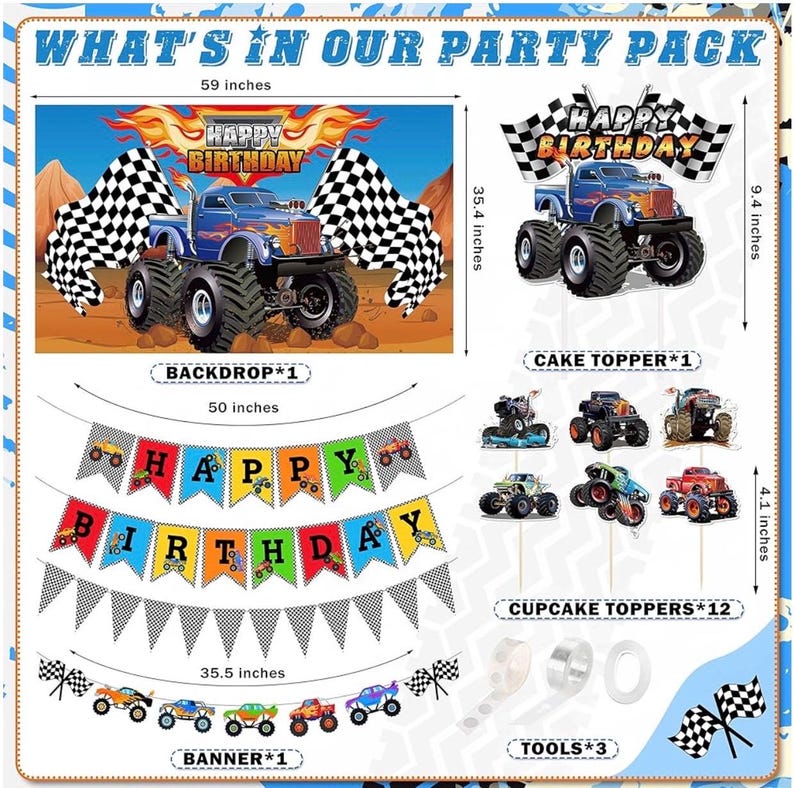 Truck Birthday Party Supplies Truck Theme Party Decorations, 99 Pcs(Backdrop Tablecloth Banner Triangle Bunting Cake Toppers Foil Balloons
