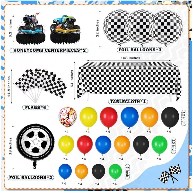 Truck Birthday Party Supplies Truck Theme Party Decorations, 99 Pcs(Backdrop Tablecloth Banner Triangle Bunting Cake Toppers Foil Balloons