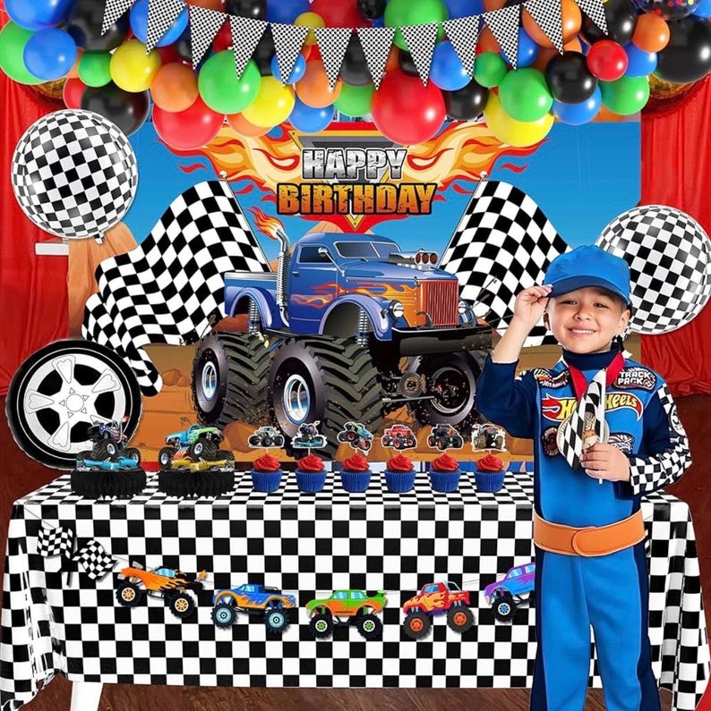 Truck Birthday Party Supplies Truck Theme Party Decorations, 99 Pcs(Backdrop Tablecloth Banner Triangle Bunting Cake Toppers Foil Balloons