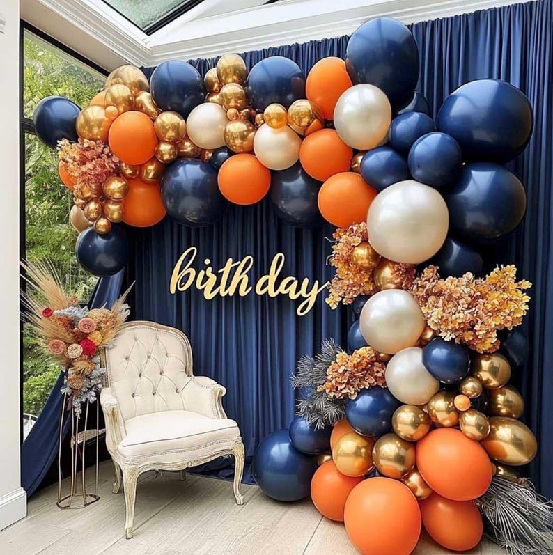Navy Blue Orange Balloon Garland Double Stuffed Dark Blue Burnt Orange White Sand Pearl Gold Balloon Arch Kit for Birthday Baby Shower