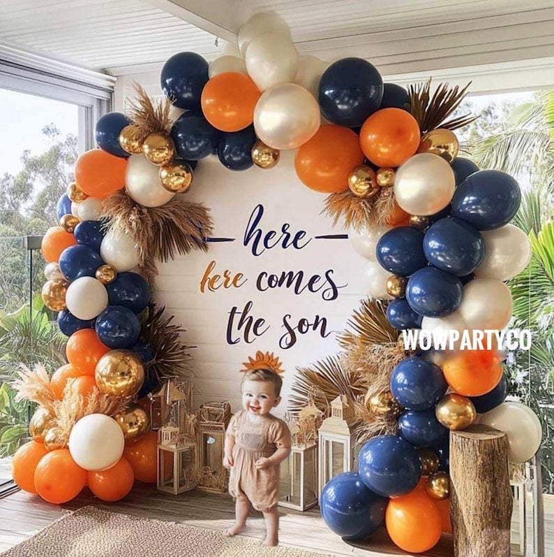 Navy Blue Orange Balloon Garland Double Stuffed Dark Blue Burnt Orange White Sand Pearl Gold Balloon Arch Kit for Birthday Baby Shower