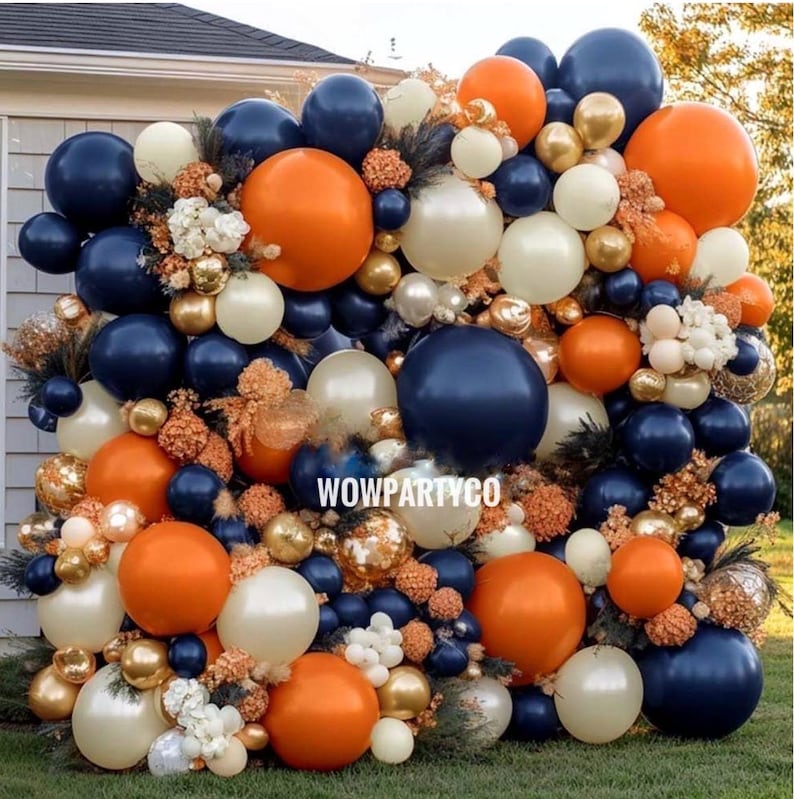 Navy Blue Orange Balloon Garland Double Stuffed Dark Blue Burnt Orange White Sand Pearl Gold Balloon Arch Kit for Birthday Baby Shower