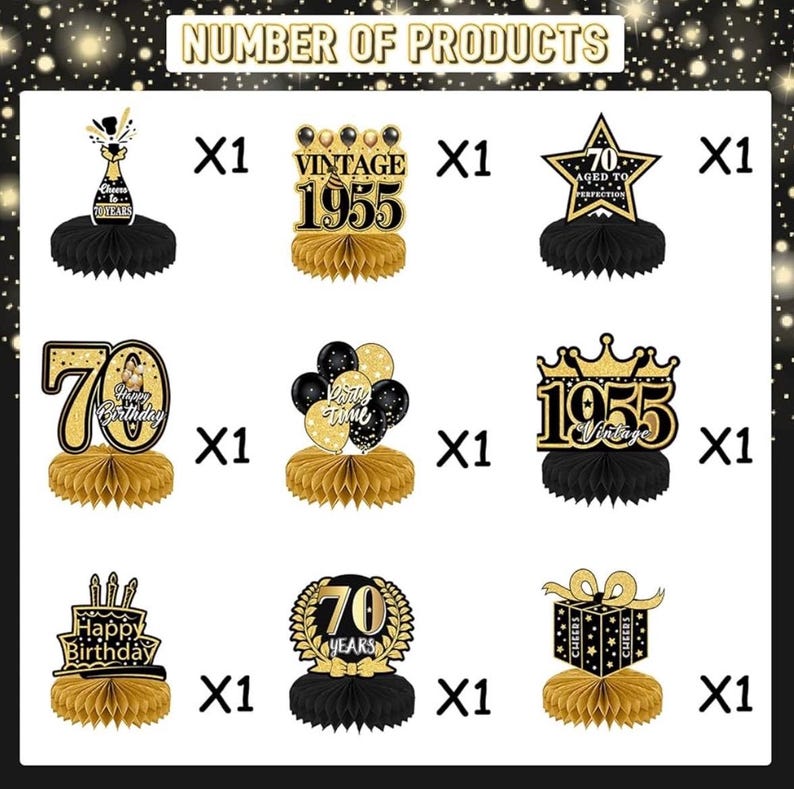 70th Birthday Decorations Men, Happy 1955 Vintage 70 Years Old Honeycomb Centerpieces Party Decor for Women, 9pcs Cheer Black Gold Table