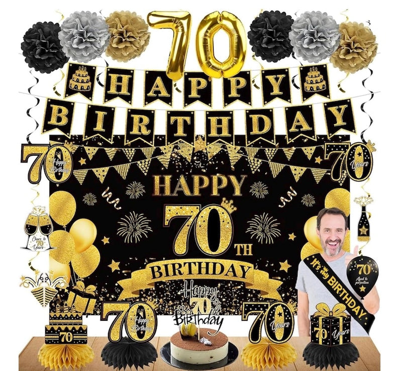 42PCS 70th Birthday Decoration Kit for Men Women, Black Gold Happy 70th Bday Banner Balloons Honeycomb Centerpiece Swirl Paper Pompoms Party