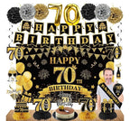 42PCS 70th Birthday Decoration Kit for Men Women, Black Gold Happy 70th Bday Banner Balloons Honeycomb Centerpiece Swirl Paper Pompoms Party