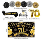 42PCS 70th Birthday Decoration Kit for Men Women, Black Gold Happy 70th Bday Banner Balloons Honeycomb Centerpiece Swirl Paper Pompoms Party
