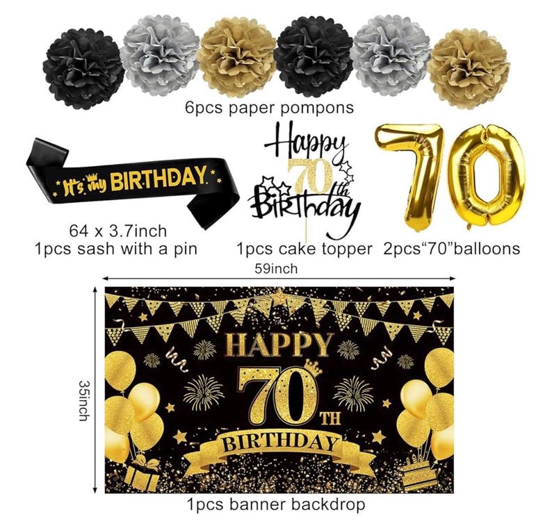 42PCS 70th Birthday Decoration Kit for Men Women, Black Gold Happy 70th Bday Banner Balloons Honeycomb Centerpiece Swirl Paper Pompoms Party