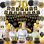 42PCS 70th Birthday Decoration Kit for Men Women, Black Gold Happy 70th Bday Banner Balloons Honeycomb Centerpiece Swirl Paper Pompoms Party