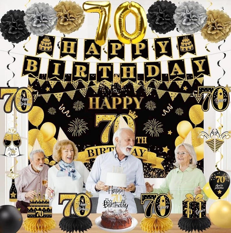 42PCS 70th Birthday Decoration Kit for Men Women, Black Gold Happy 70th Bday Banner Balloons Honeycomb Centerpiece Swirl Paper Pompoms Party