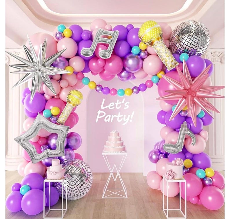 171Pcs Songster Birthday Decoration - Pink and Purple Balloon Arch Kit Hollow Star, Microphone, Disco Mylar Balloon Garland Kit for Music