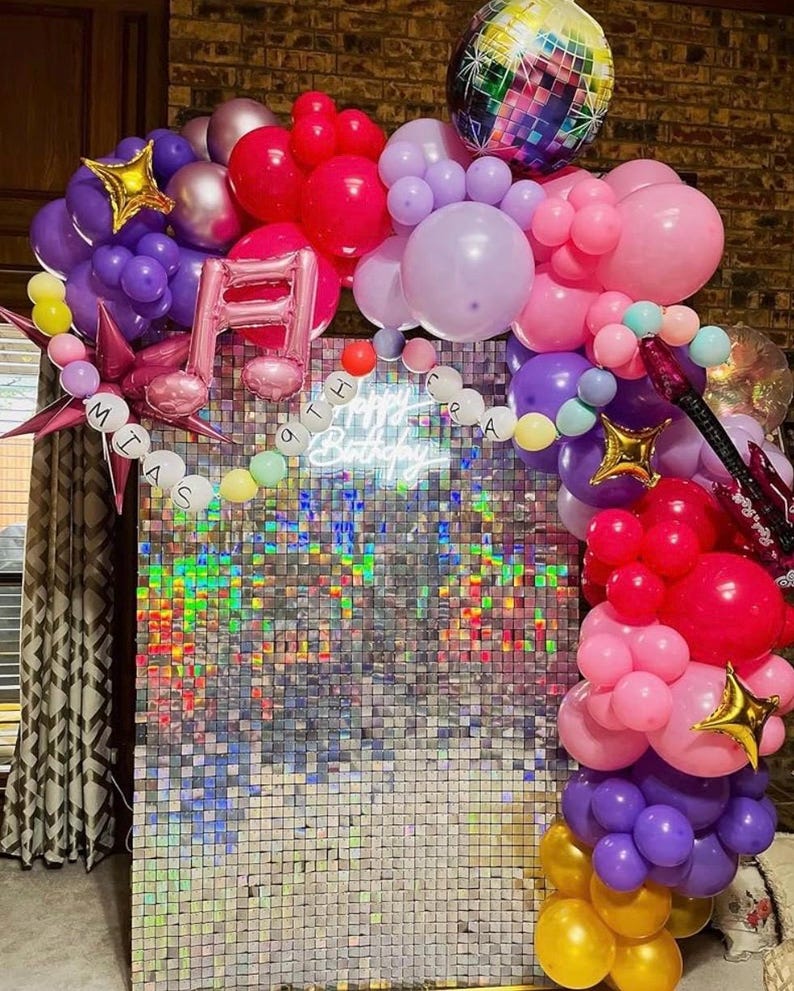 171Pcs Songster Birthday Decoration - Pink and Purple Balloon Arch Kit Hollow Star, Microphone, Disco Mylar Balloon Garland Kit for Music