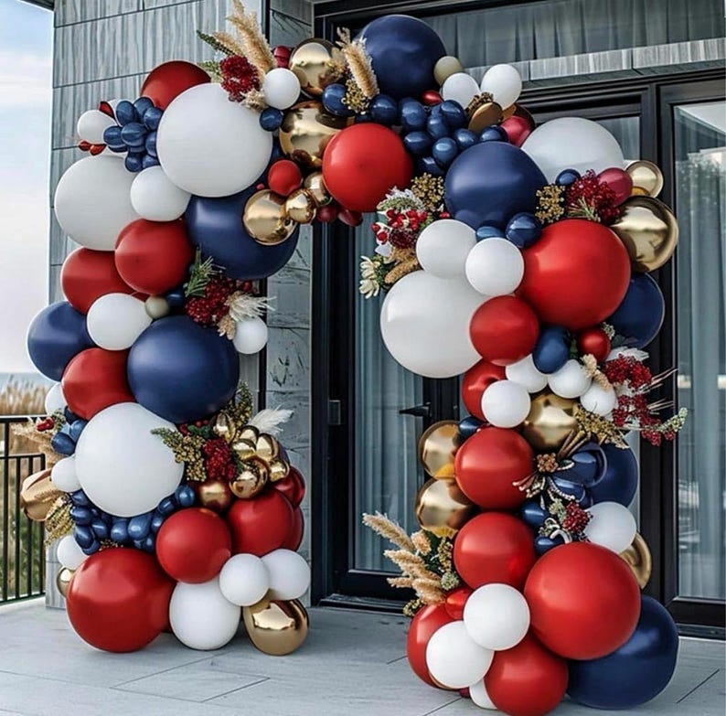 Red White Blue Balloon Arch - Double Stuffed Navy Blue Dark Ruby Red Balloon Garland Kit with Latex Gold Color for Baby Shower Birthday