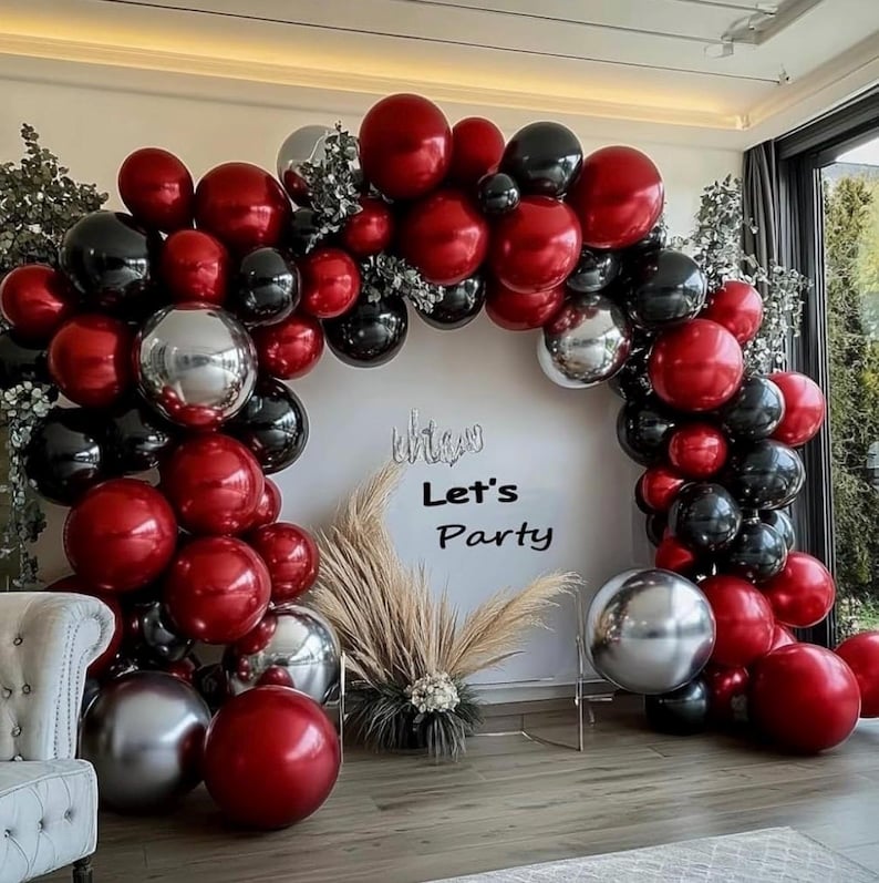 Black Red Silver Balloon Garland Red Black Balloons Different Sizes Dark Red Latex Red Metallic Silver Balloon Arch Kit ,74Pcs