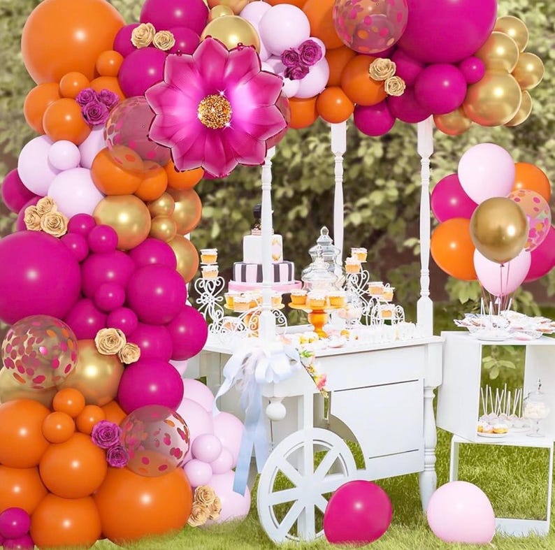 175Pcs Hot Pink and Orange Balloons Arch Garland Kit, Pink and Orange Party Decorations with Gold Balloons Foil Flowers for Women Wedding