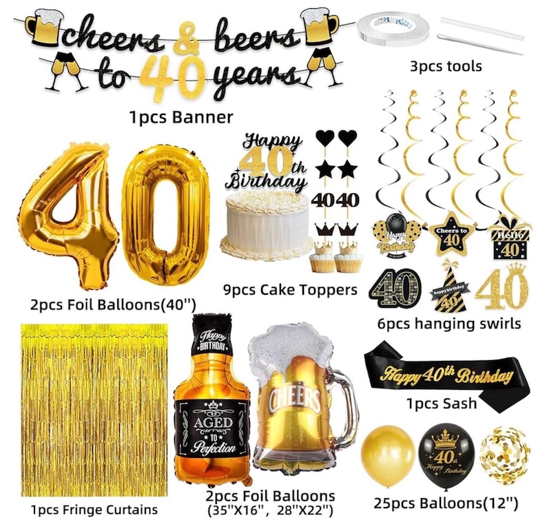 40th Birthday Decorations for Men, 40th Birthday Party Decorations for Him with Gold 40 Number Balloons,Cheers to 40 Years Banner for Men