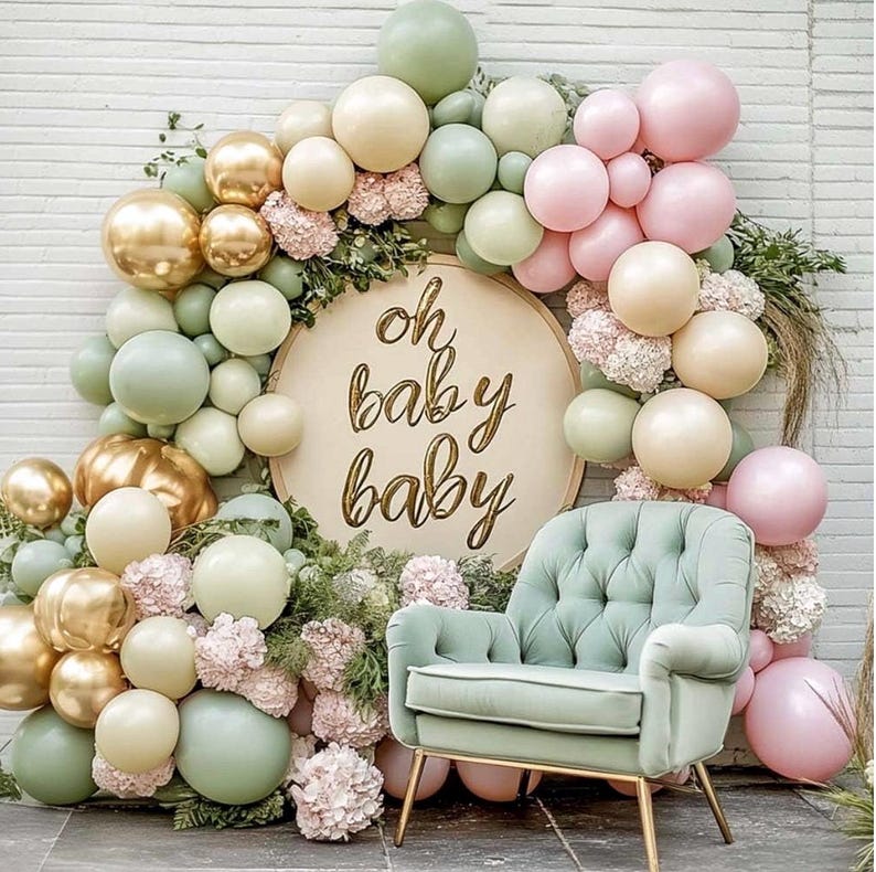 Dusty Green Pink Balloon Arch Garland Double Stuffed Pastel Baby Pink Light Green White Sand Latex Balloon Kit with Gold Color