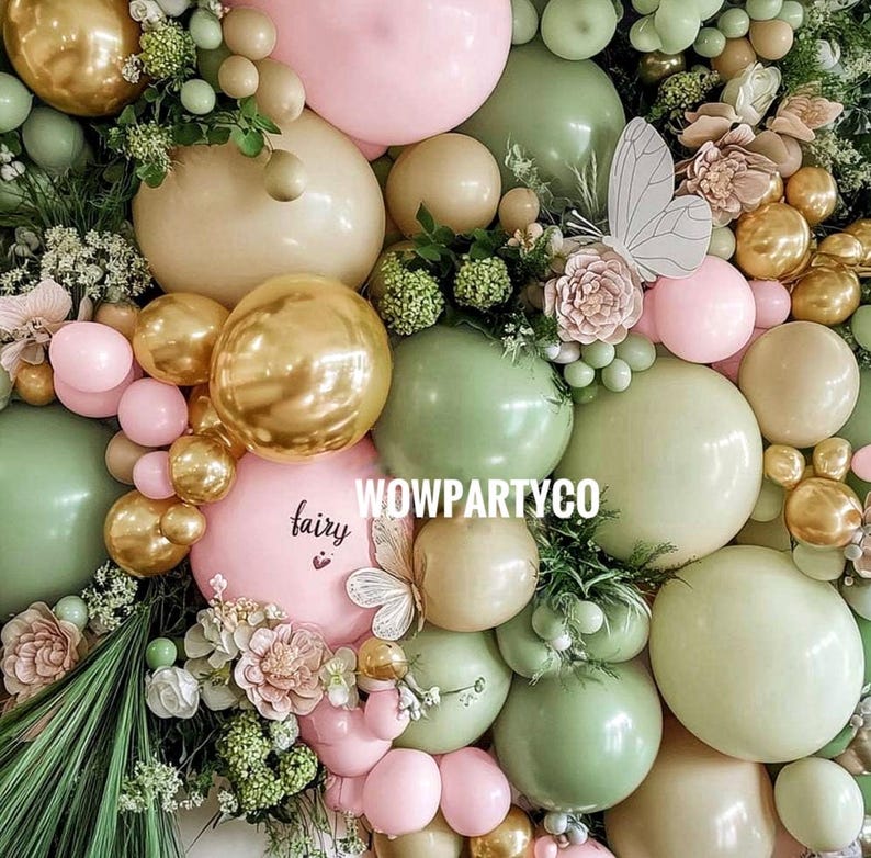 Dusty Green Pink Balloon Arch Garland Double Stuffed Pastel Baby Pink Light Green White Sand Latex Balloon Kit with Gold Color