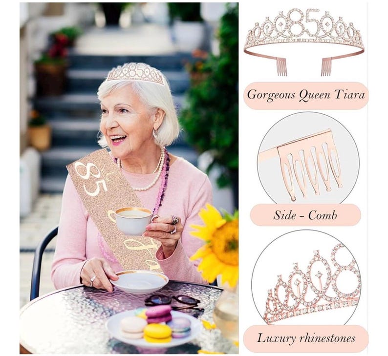 85th Birthday Decorations Gift for Her Women,85 year old Birthday Cake Topper, Birthday Queen Sash with Pearl Pin,Rhinestone Tiara Crown Set