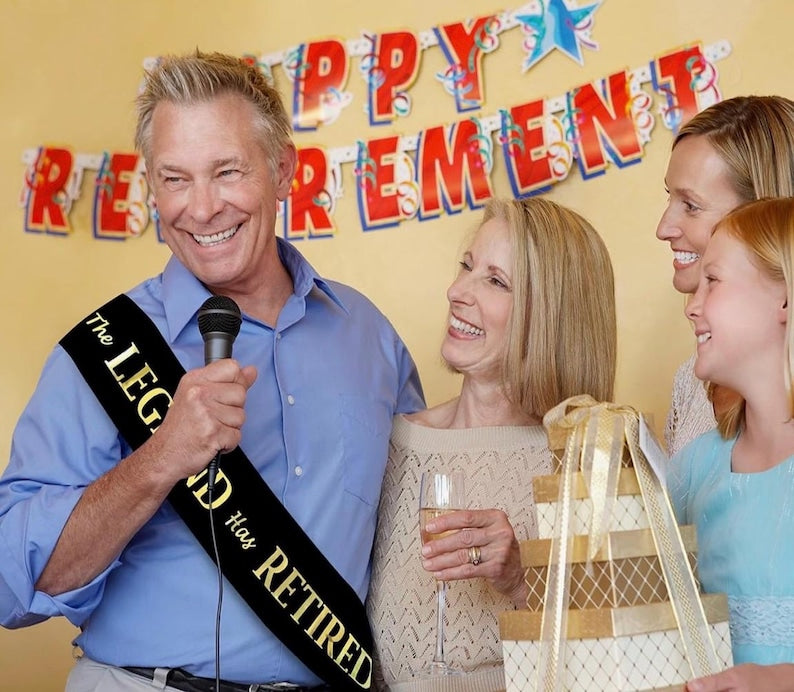 The Legend Has Retired Sash – Elegant Black and Gold Foil Legendary Sash for Both Women and Men & Gold Pin. Perfect for Retirement Parties