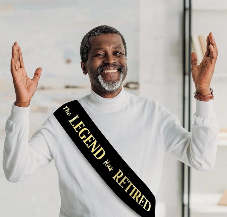 The Legend Has Retired Sash – Elegant Black and Gold Foil Legendary Sash for Both Women and Men & Gold Pin. Perfect for Retirement Parties