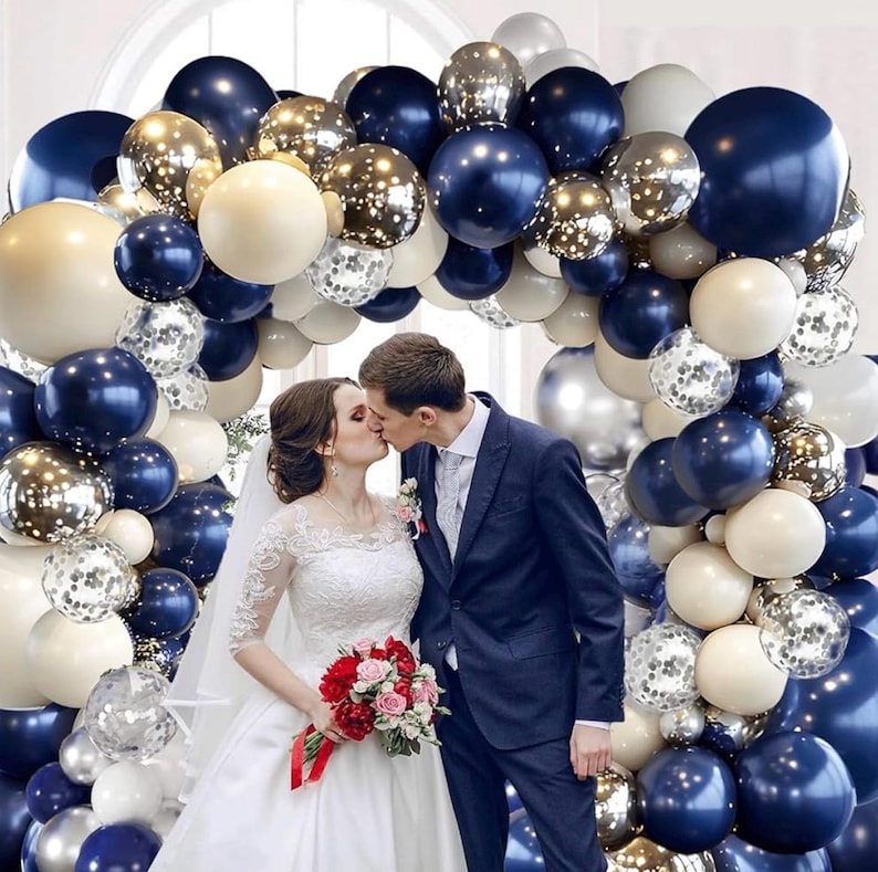 Navy Blue Silver Balloon Arch Kit, Double Stuffed Balloon Garland, Blue White Silver Party Decorations for Birthday Graduation