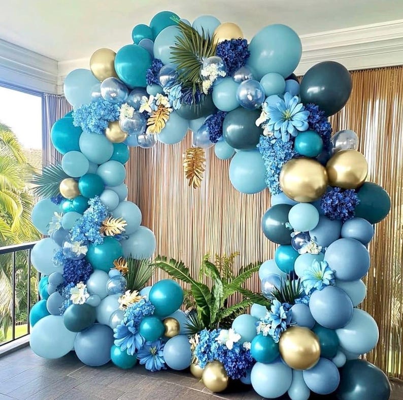 Teal Blue Gold Balloons - Double Stuffed Latex Dusty Fog Blue Balloon Arch Different Sizes Metallic Gold Balloon Garland For Graduation