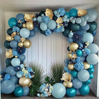 Teal Blue Gold Balloons - Double Stuffed Latex Dusty Fog Blue Balloon Arch Different Sizes Metallic Gold Balloon Garland For Graduation