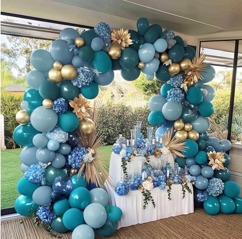 Teal Blue Gold Balloons - Double Stuffed Latex Dusty Fog Blue Balloon Arch Different Sizes Metallic Gold Balloon Garland For Graduation