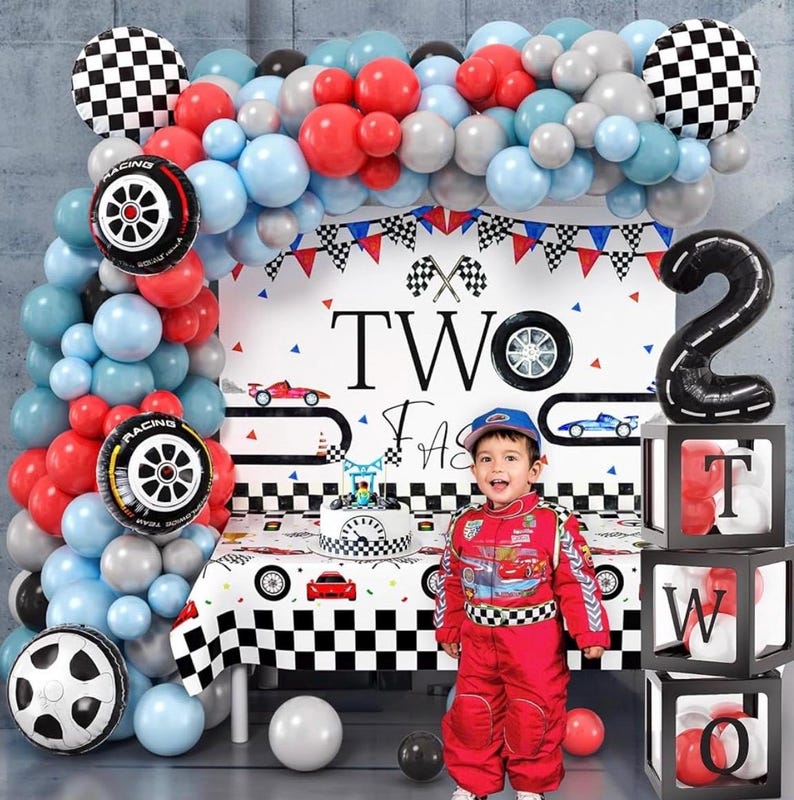 Two Fast Birthday Decorations Race Car Party Supplies for 2 Year Old Boy Racing Balloon Garland Arch Kit Backdrop 2nd Two Fast Birthday