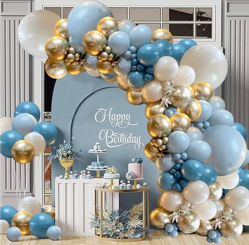 Dusty Blue Balloons Garland Kit, Fog Blue Royal Blue Pastel Blue Sand White Metallic Gold latex Balloons for Boy Baby Shower Bridal Shower