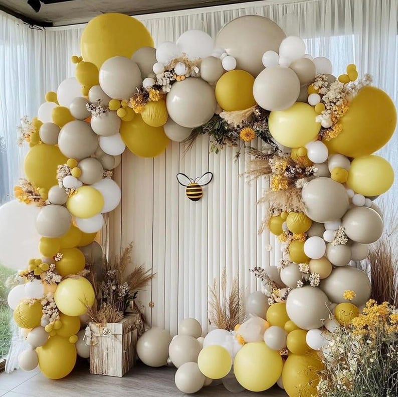 Mustard Yellow Balloon Garland Kit, Double Stuffed Sand White Yellow Pastel Balloon for Birthday, Baby Shower, Gender Reveal, Boho Bee Party