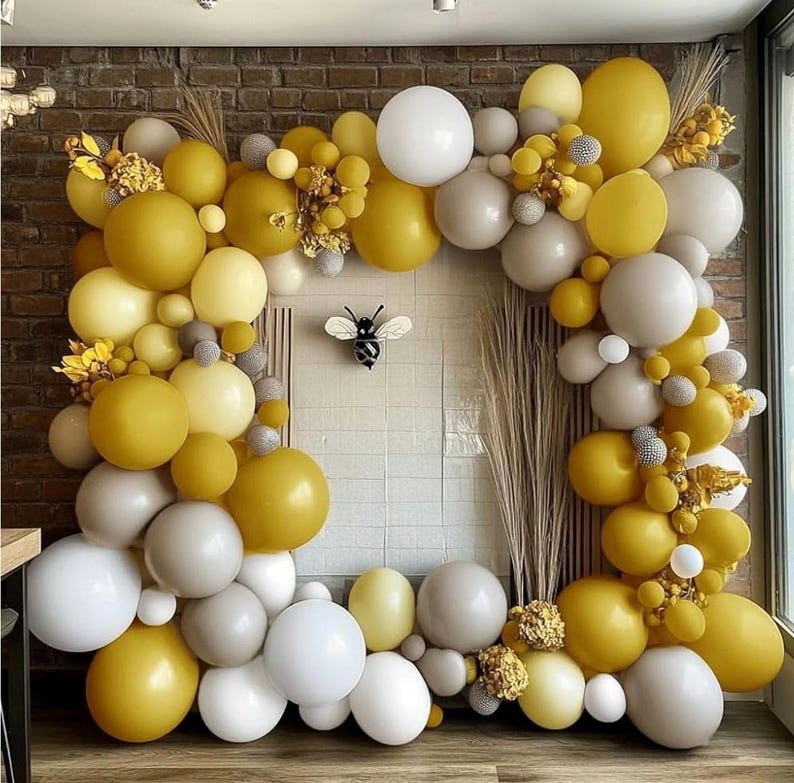 Mustard Yellow Balloon Garland Kit, Double Stuffed Sand White Yellow Pastel Balloon for Birthday, Baby Shower, Gender Reveal, Boho Bee Party