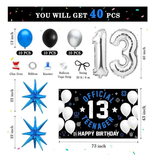 13th Birthday Decoration Set for Boys Girls, Official Teenager 13 Birthday Party Banner Backdrop, Large 13 Foil Balloons, Explosion Star