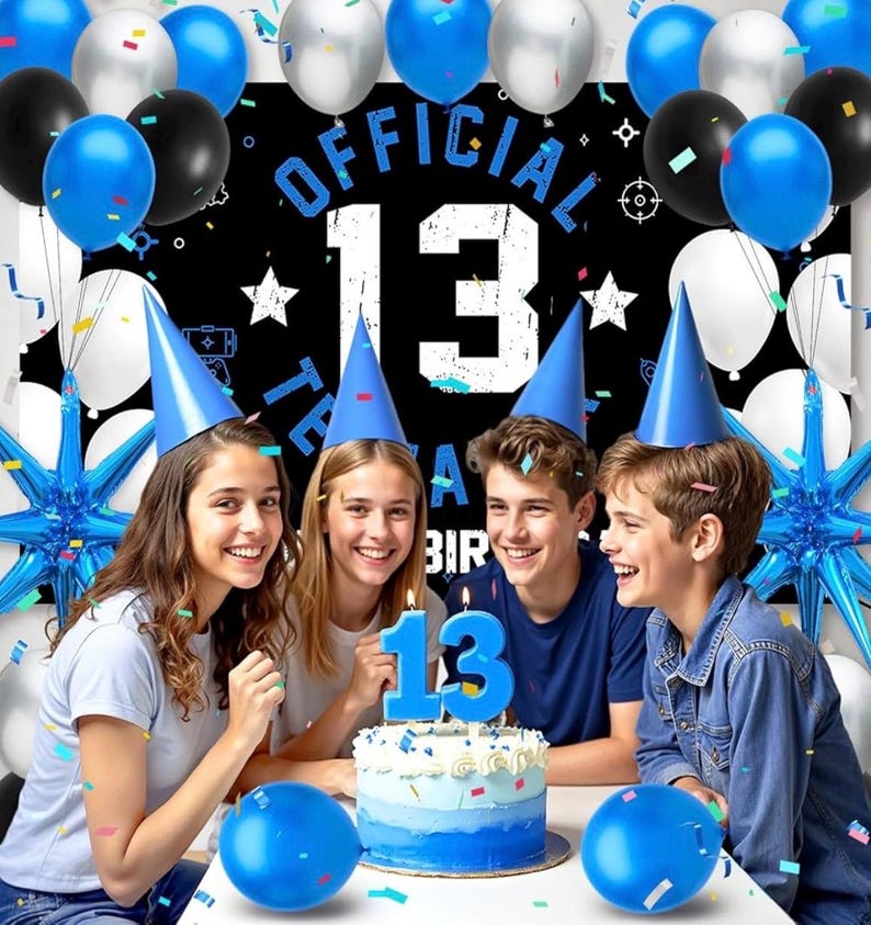 13th Birthday Decoration Set for Boys Girls, Official Teenager 13 Birthday Party Banner Backdrop, Large 13 Foil Balloons, Explosion Star
