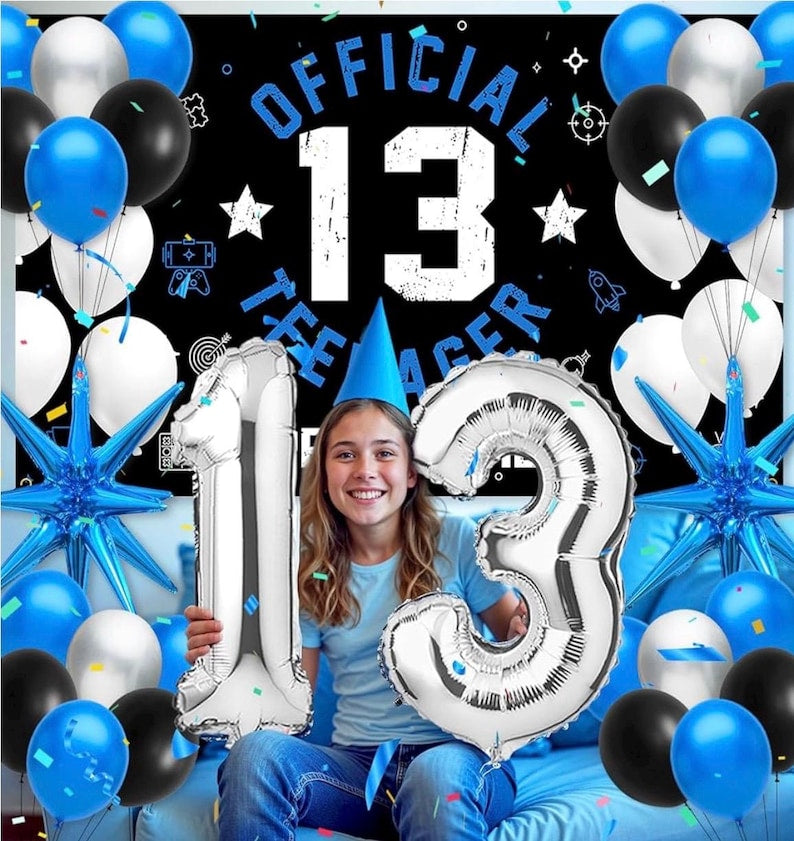13th Birthday Decoration Set for Boys Girls, Official Teenager 13 Birthday Party Banner Backdrop, Large 13 Foil Balloons, Explosion Star
