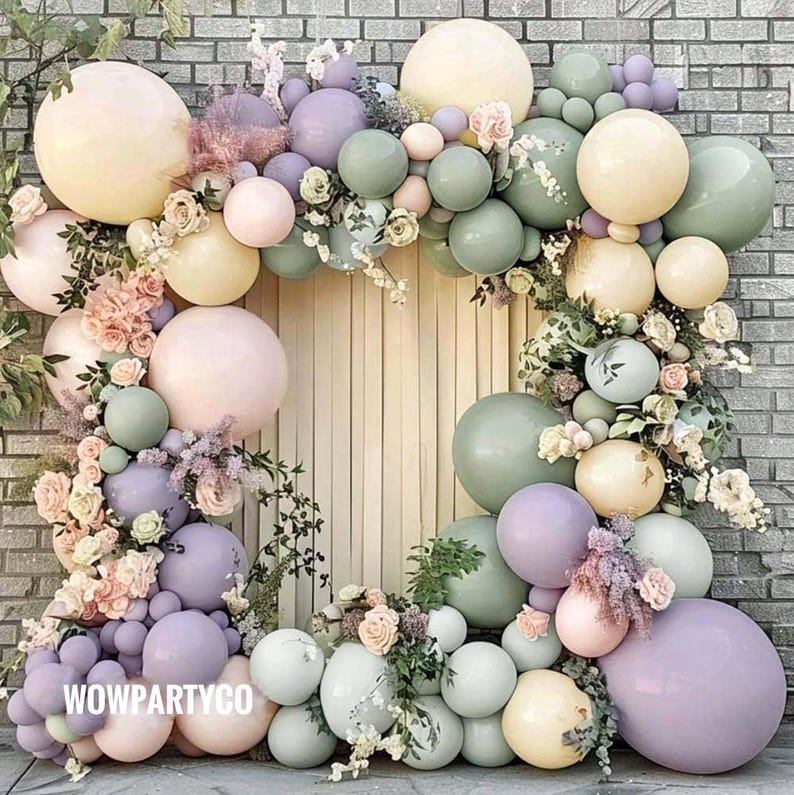 Dusty Green Purple Pink Balloon Garland Double Stuffed Lavender Light Mist Green Ivory Pastel Balloon Arch Kit with Lilac Blush Color