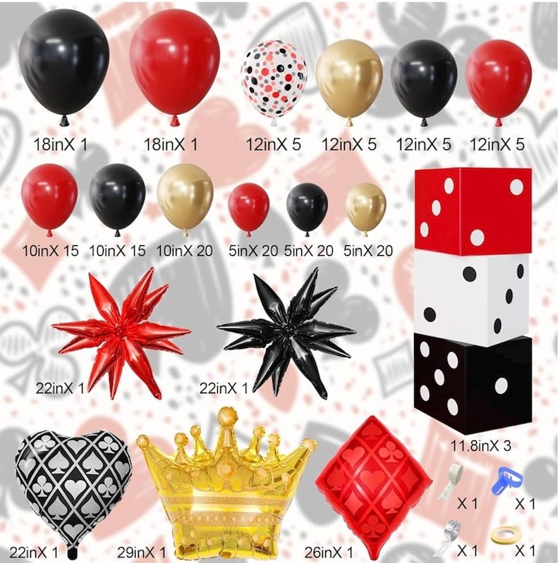 144PCS Dice Favor Boxes Casino Theme Party Decorations , Casino Balloon Arch Garland Kit Red Black Gold Dice Crown Poker Foil Balloons