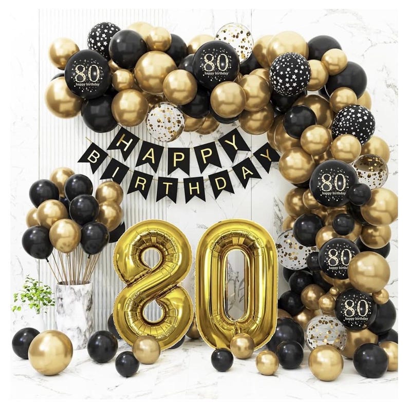 80th Birthday Decorations for Men Women, Black and Gold 80th Birthday Balloons Set Party Decorations with Happy 80th Birthday Decorations