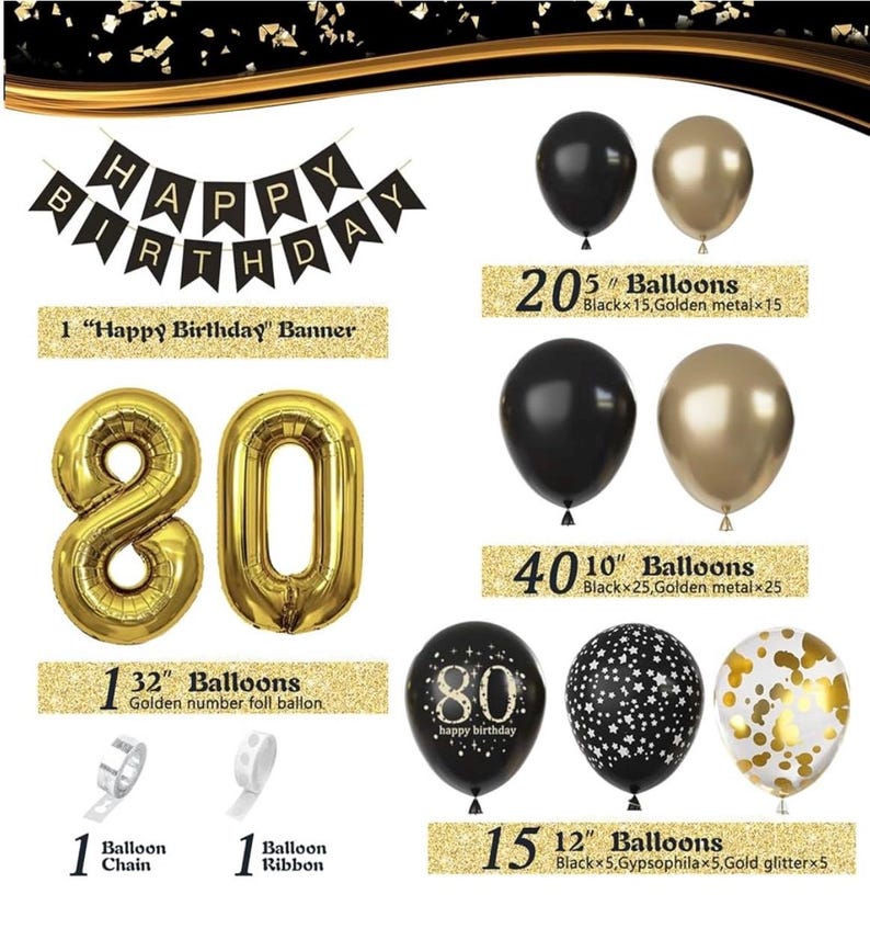 80th Birthday Decorations for Men Women, Black and Gold 80th Birthday Balloons Set Party Decorations with Happy 80th Birthday Decorations