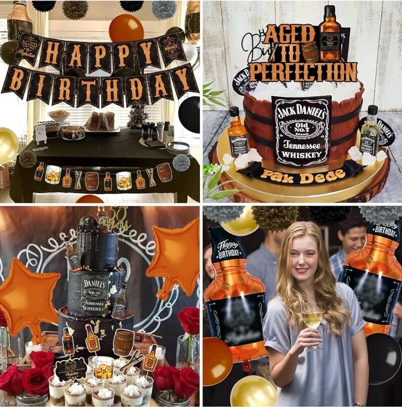 Whiskey Birthday Party Decorations for Men - Aged to Perfection Supplies including Birthday Banner, Cake Toppers,Foil Balloons,Paper Flowers