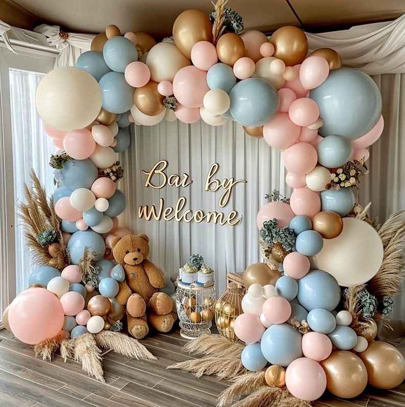 Gender Reveal Balloon Arch Kit, 144PCS Dusty Pink and Blue Balloons Chrome Gold Sand White Balloons for Gender Reveal Boho Birthday Party