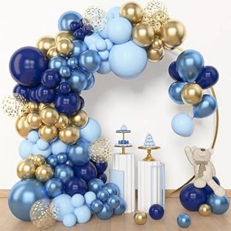 153pcs Navy Blue Gold Balloon Garland Arch Kit, Different Sizes 18 12 10 5 inch Pastel Blue Latex Metallic Confetti Balloons for Graduation