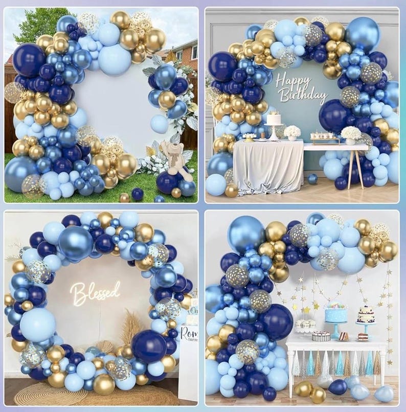 153pcs Navy Blue Gold Balloon Garland Arch Kit, Different Sizes 18 12 10 5 inch Pastel Blue Latex Metallic Confetti Balloons for Graduation