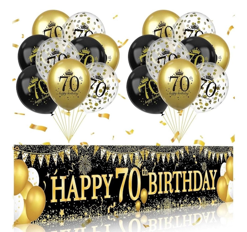 70th Birthday Decorations for Men Women, Black Gold 70th Birthday Yard Banner and 70th Happy Birthday Balloons for 70th Birthday Party Decor