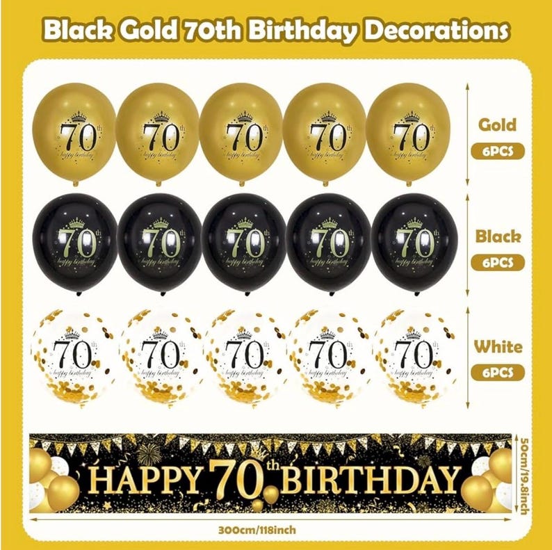 70th Birthday Decorations for Men Women, Black Gold 70th Birthday Yard Banner and 70th Happy Birthday Balloons for 70th Birthday Party Decor