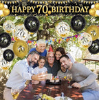 70th Birthday Decorations for Men Women, Black Gold 70th Birthday Yard Banner and 70th Happy Birthday Balloons for 70th Birthday Party Decor
