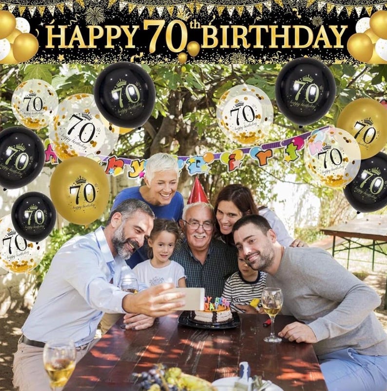 70th Birthday Decorations for Men Women, Black Gold 70th Birthday Yard Banner and 70th Happy Birthday Balloons for 70th Birthday Party Decor