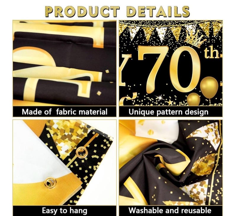 70th Birthday Decorations for Men Women, Black Gold 70th Birthday Yard Banner and 70th Happy Birthday Balloons for 70th Birthday Party Decor