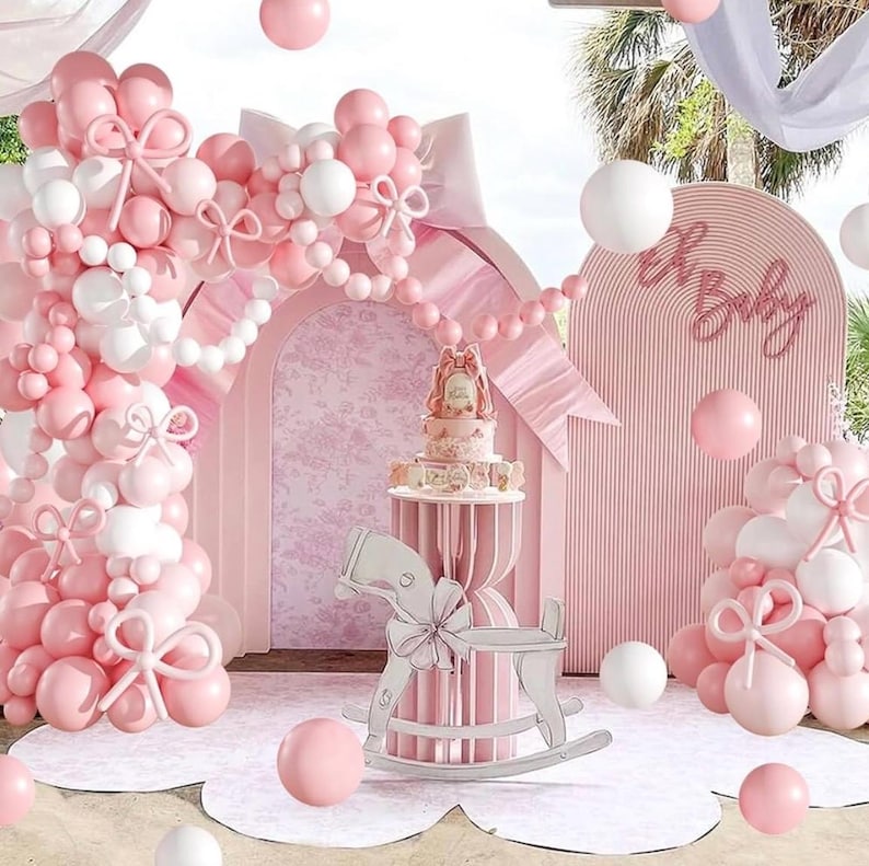 Pink Balloon Garland Arch Kit,Coquette Birthday Decorations 176Pcs Pink Bow Long Balloons Pink and White Balloons Different Size for Wedding