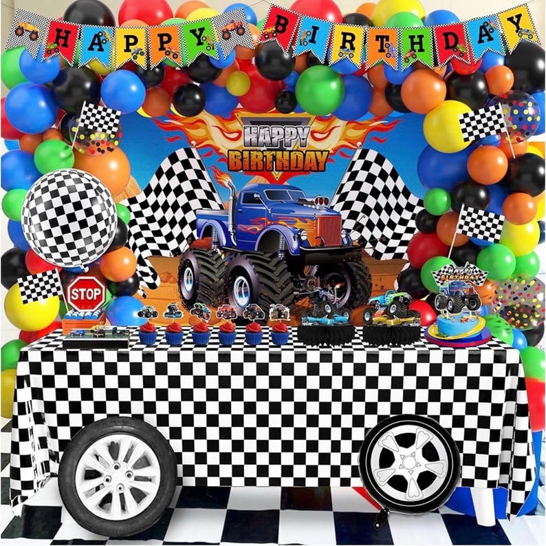 Truck Birthday Party Supplies Truck Theme Party Decorations, 99 Pcs(Backdrop Tablecloth Banner Triangle Bunting Cake Toppers Foil Balloons